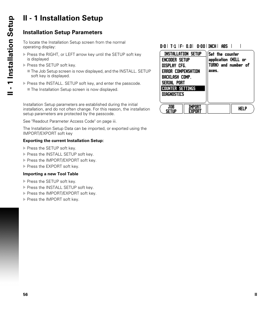 Ii - 1 installation setup, Installation setup parameters | ACU-RITE 200S User Manual | Page 70 / 98