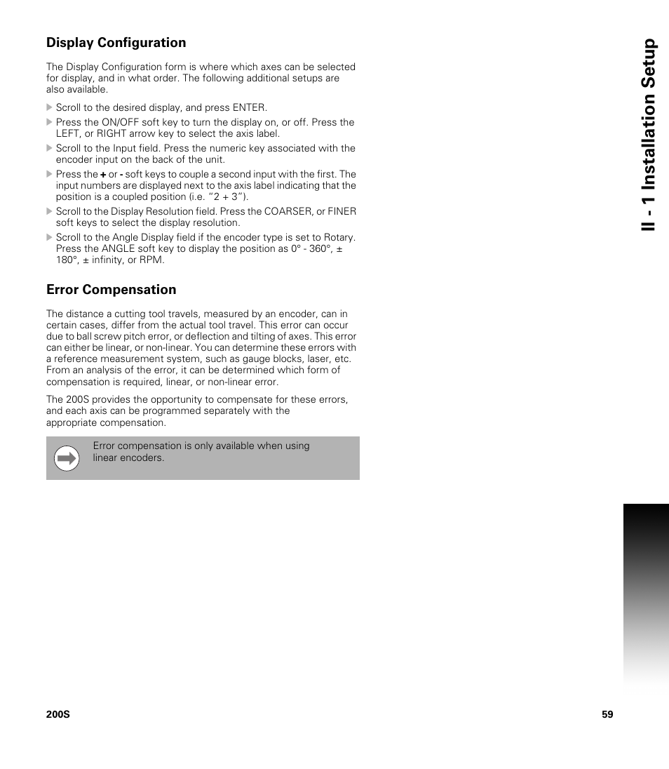 Display configuration, Error compensation, Ii - 1 installation set u p | ACU-RITE 200S User Manual | Page 73 / 98