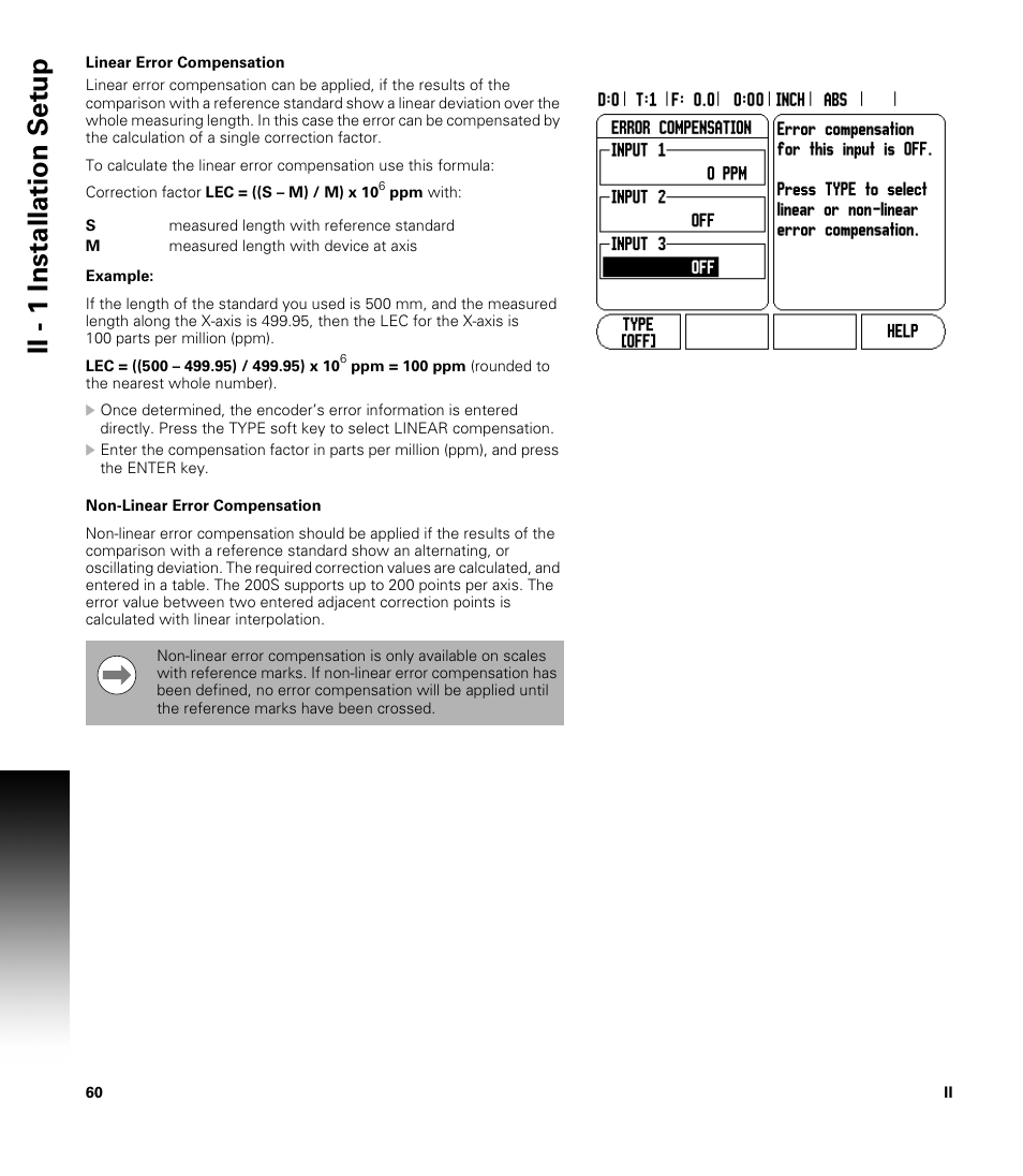 Linear error compensation, Non-linear error compensation, Ii - 1 installation set u p | ACU-RITE 200S User Manual | Page 74 / 98