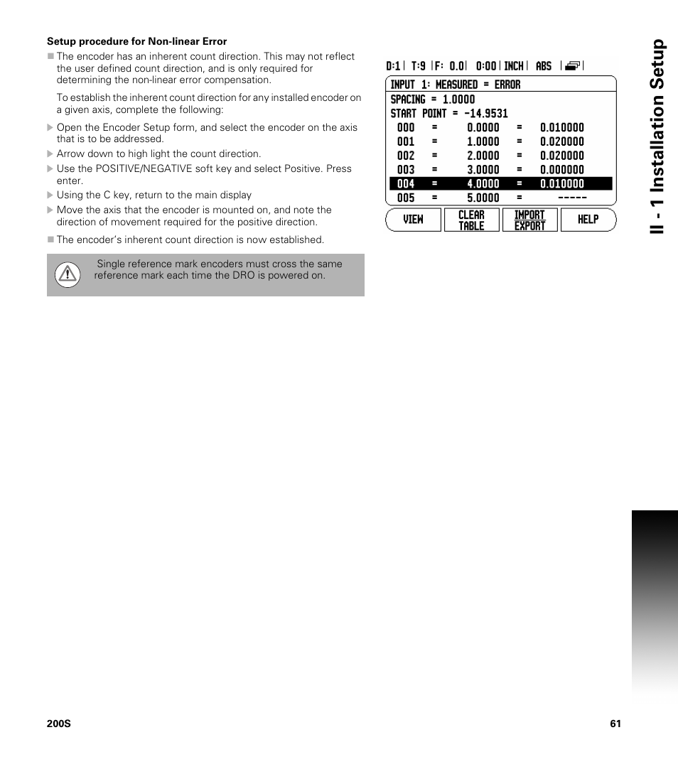 Setup procedure for non-linear error, Ii - 1 installation set u p | ACU-RITE 200S User Manual | Page 75 / 98
