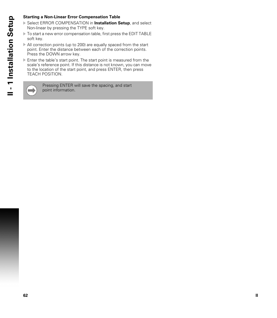 Starting a non-linear error compensation table, Ii - 1 installation set u p | ACU-RITE 200S User Manual | Page 76 / 98