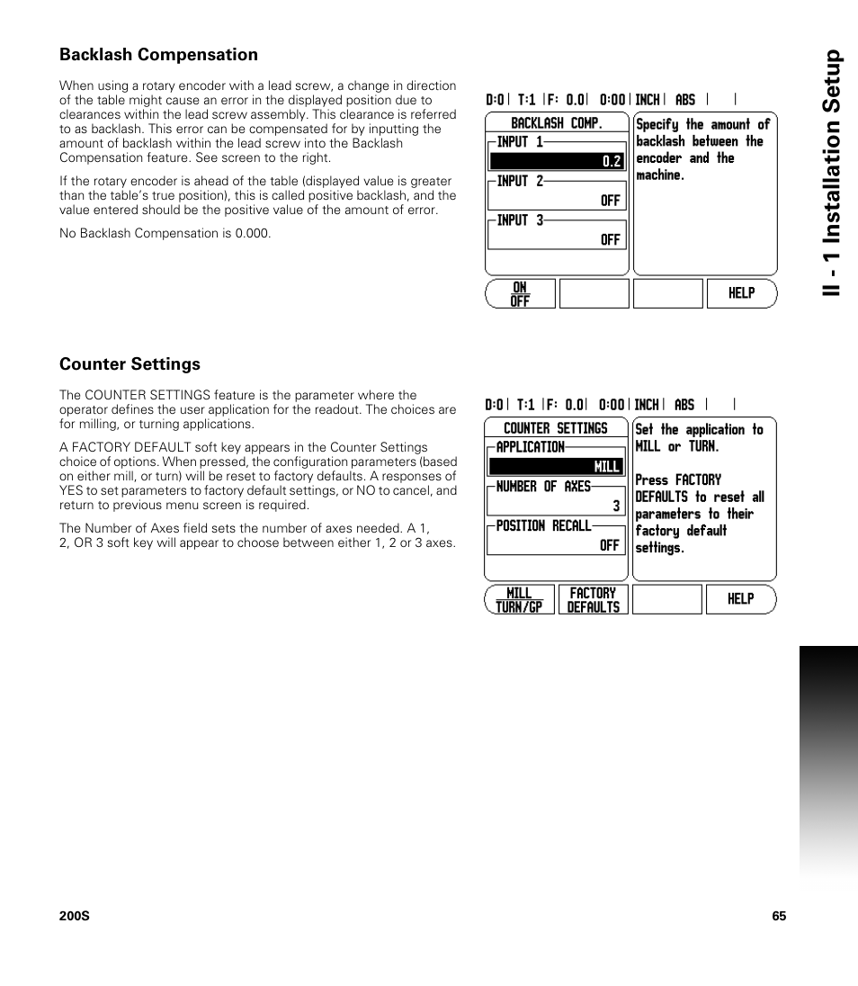 Backlash compensation, Counter settings, Ii - 1 installation set u p | ACU-RITE 200S User Manual | Page 79 / 98