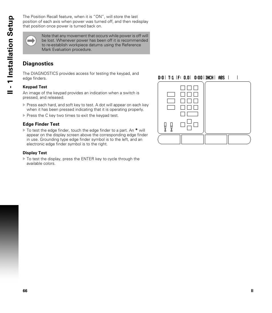Diagnostics, Keypad test, Edge finder test | Display test, Keypad test edge finder test display test, Ii - 1 installation set u p | ACU-RITE 200S User Manual | Page 80 / 98