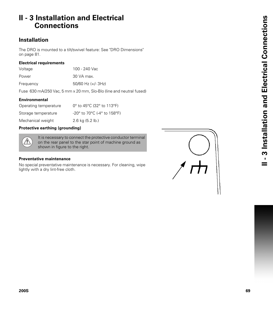 Ii - 3 installation and electrical connections, Installation, Electrical requirements | Environmental, Preventative maintenance | ACU-RITE 200S User Manual | Page 83 / 98