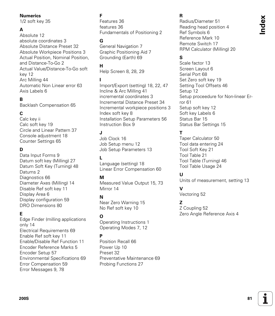 Index | ACU-RITE 200S User Manual | Page 95 / 98