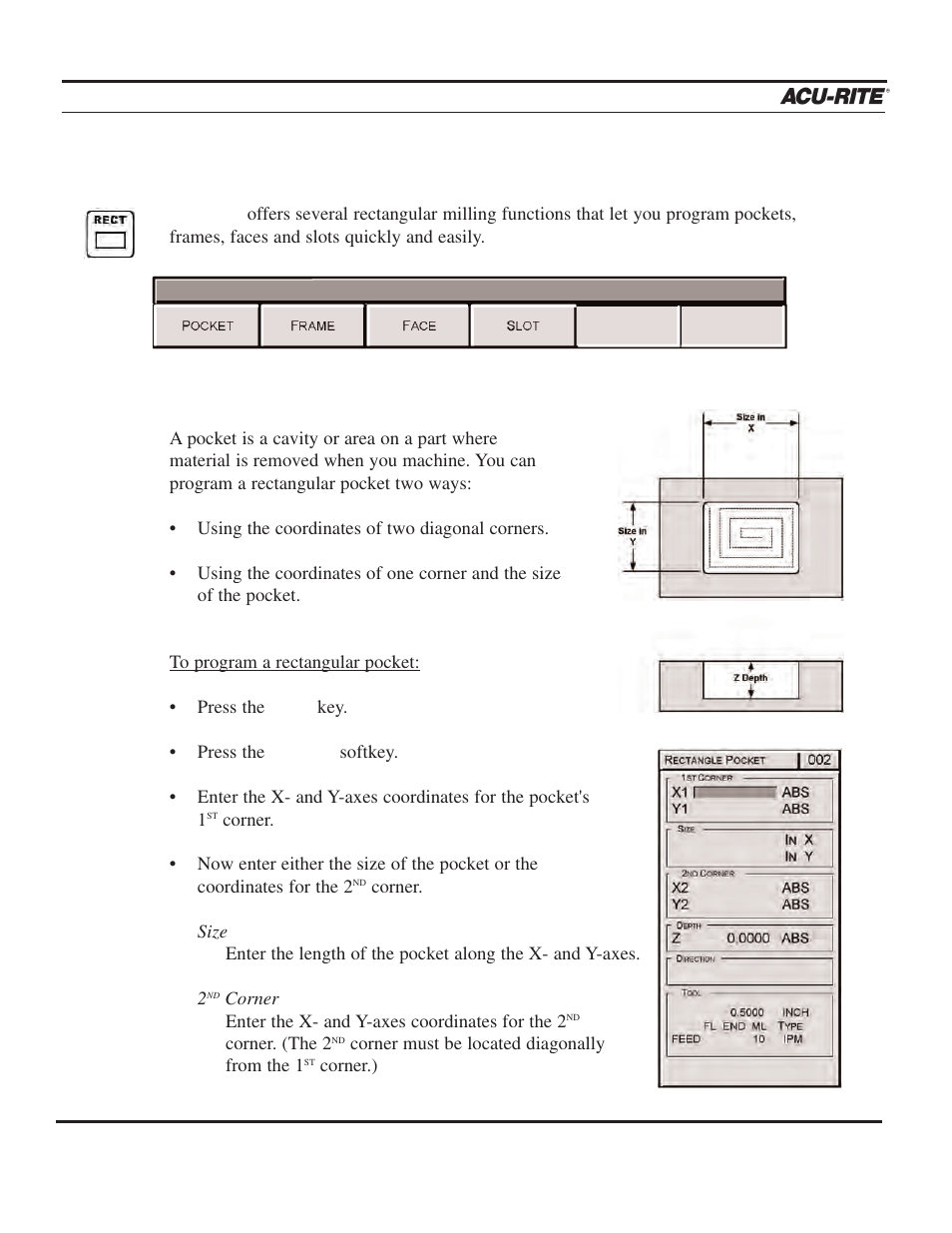 Program steps, Rectangular milling functions, Operation manual | ACU-RITE MILLPWR 2 Axes User Manual | Page 101 / 225