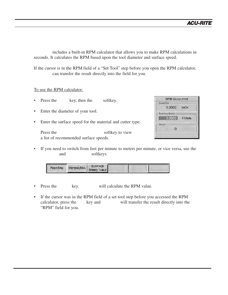 Calculator, Operation manual, Rpm functions | ACU-RITE MILLPWR 2 Axes User Manual | Page 169 / 225