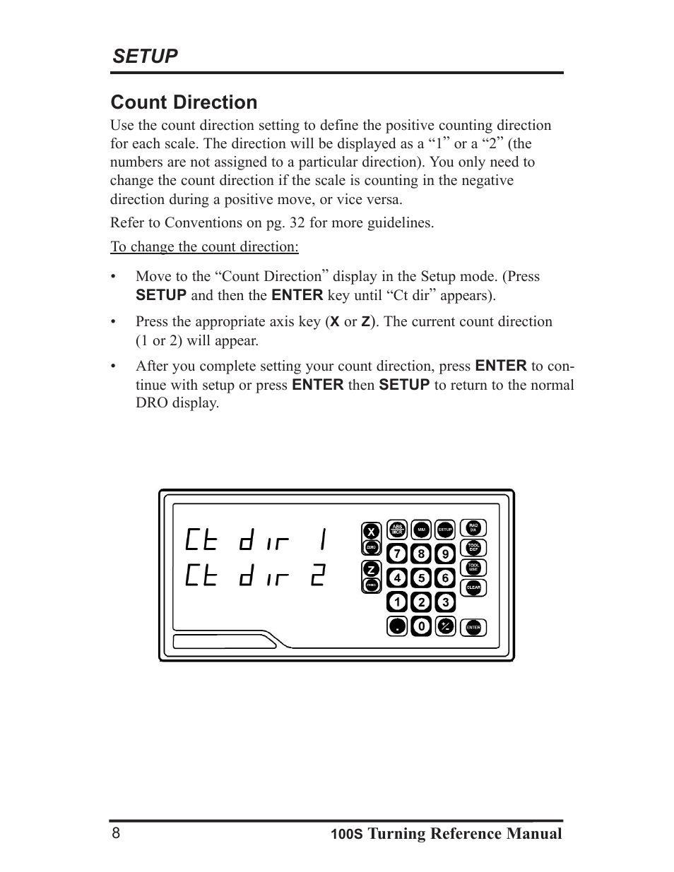 Setup, Count direction | ACU-RITE 100S User Manual | Page 11 / 37