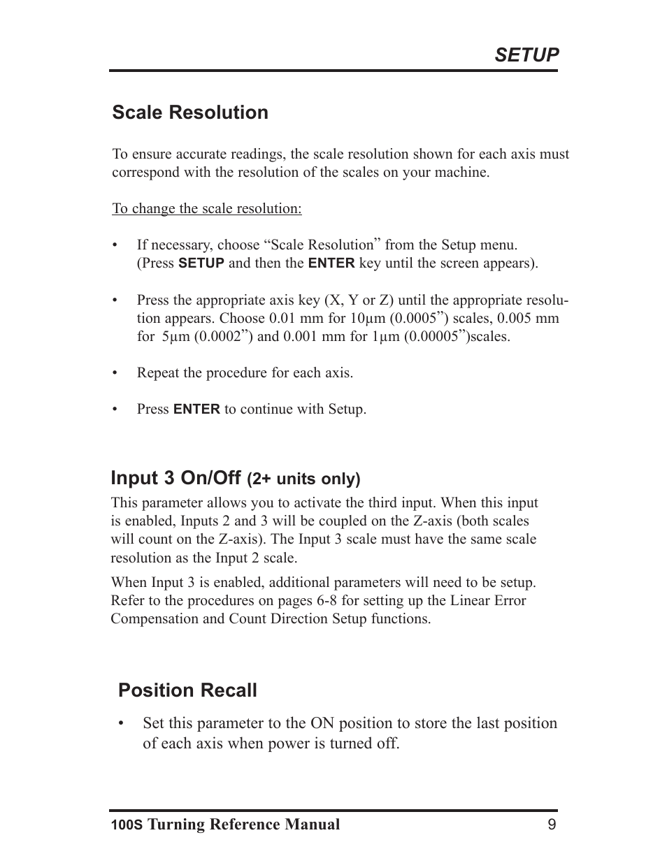 Setup scale resolution, Input 3 on/off, Position recall | ACU-RITE 100S User Manual | Page 12 / 37