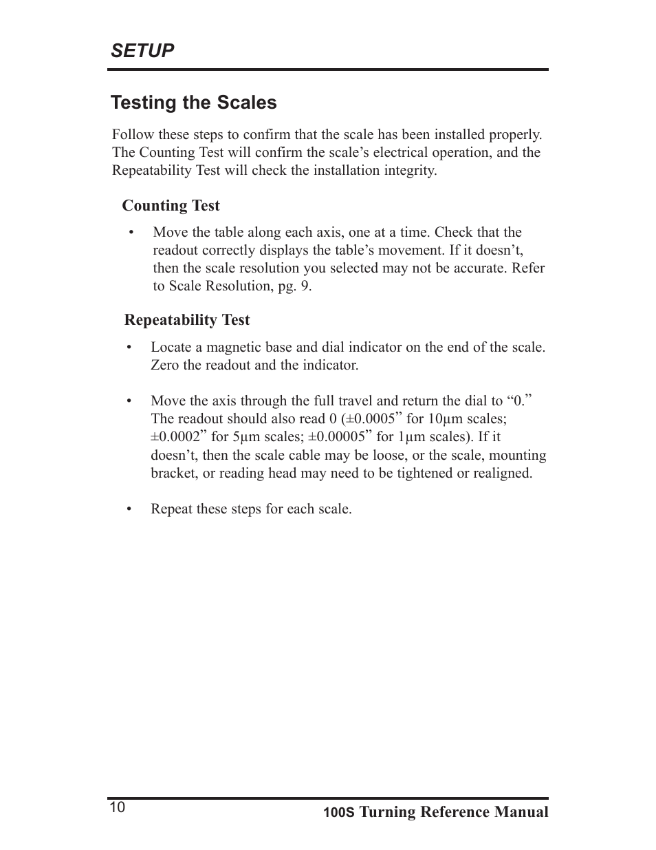 Setup, Testing the scales | ACU-RITE 100S User Manual | Page 13 / 37