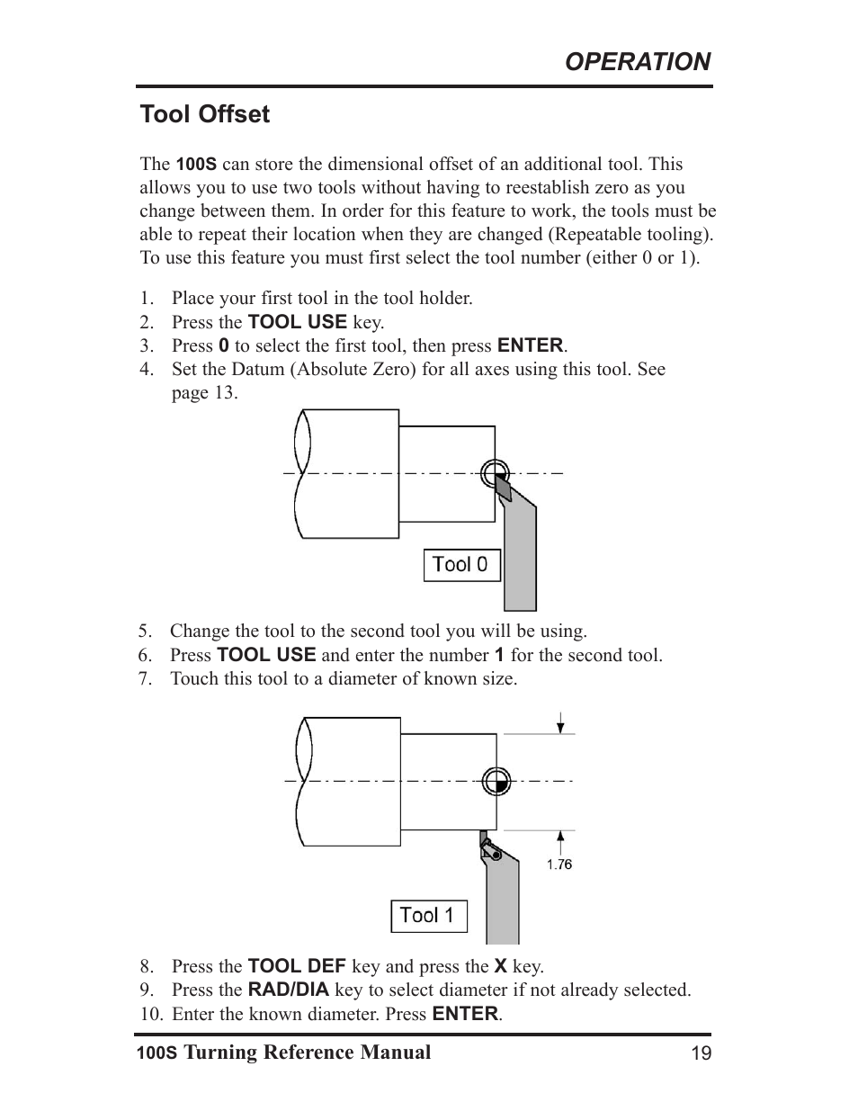 Operation, Tool offset | ACU-RITE 100S User Manual | Page 22 / 37