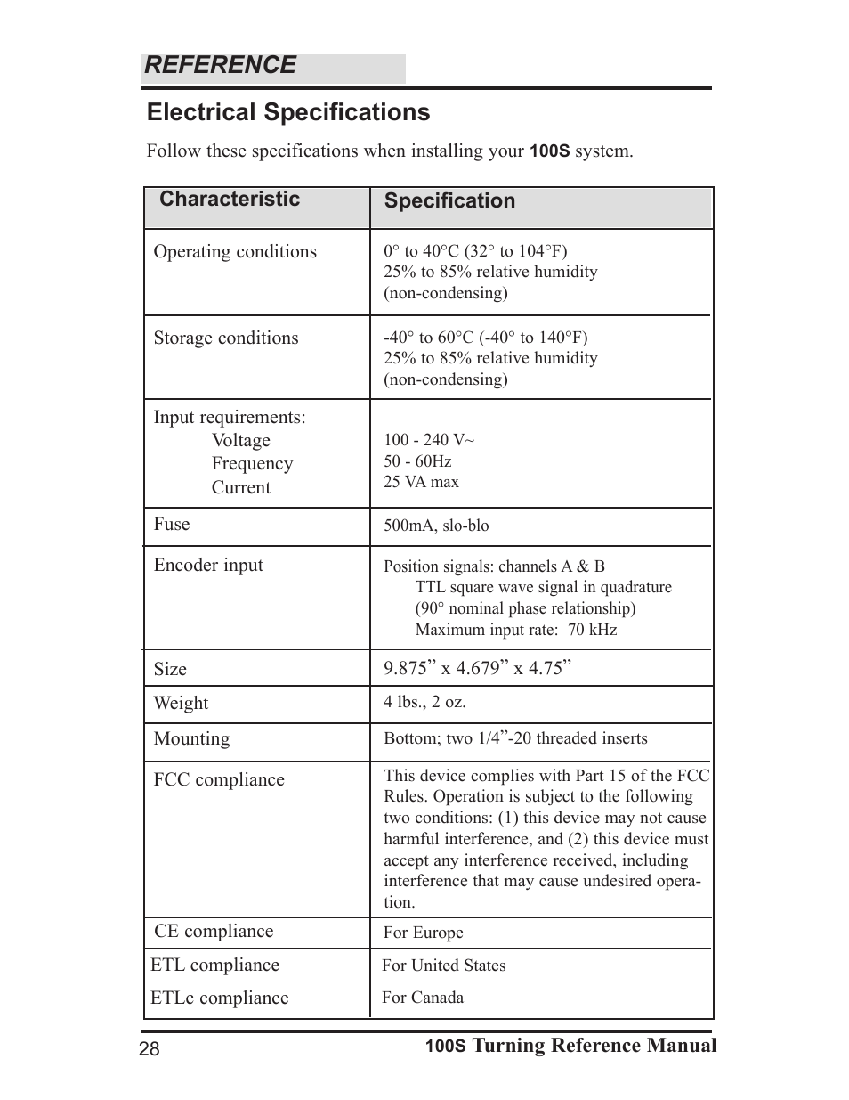 Reference, Electrical specifications | ACU-RITE 100S User Manual | Page 31 / 37