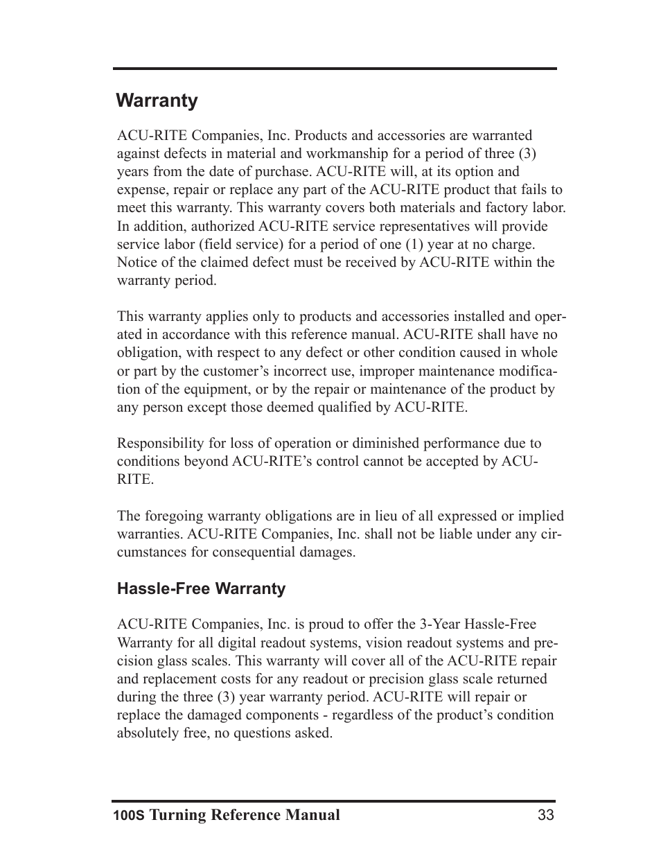 Warranty | ACU-RITE 100S User Manual | Page 36 / 37