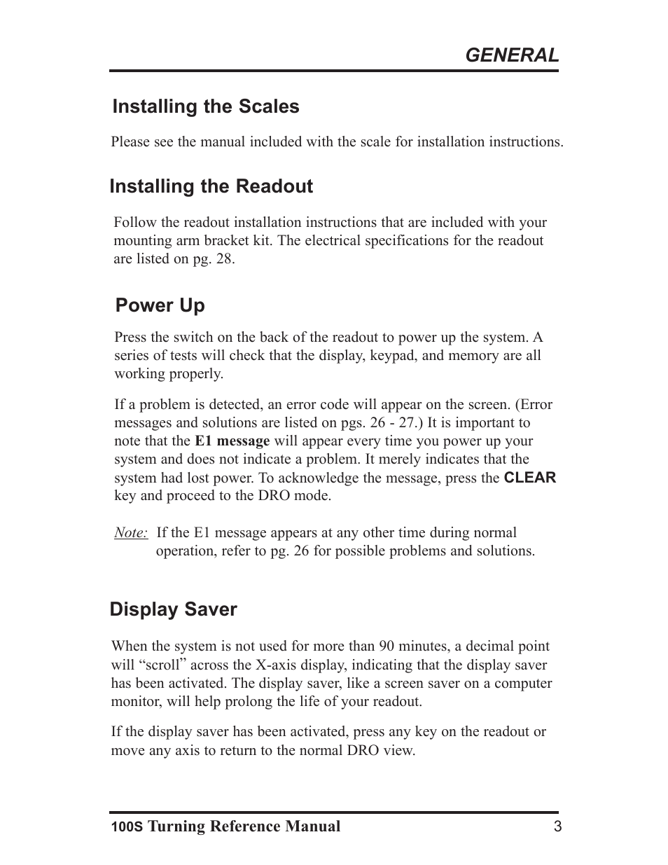 General installing the readout, Installing the scales, Power up | Display saver | ACU-RITE 100S User Manual | Page 6 / 37