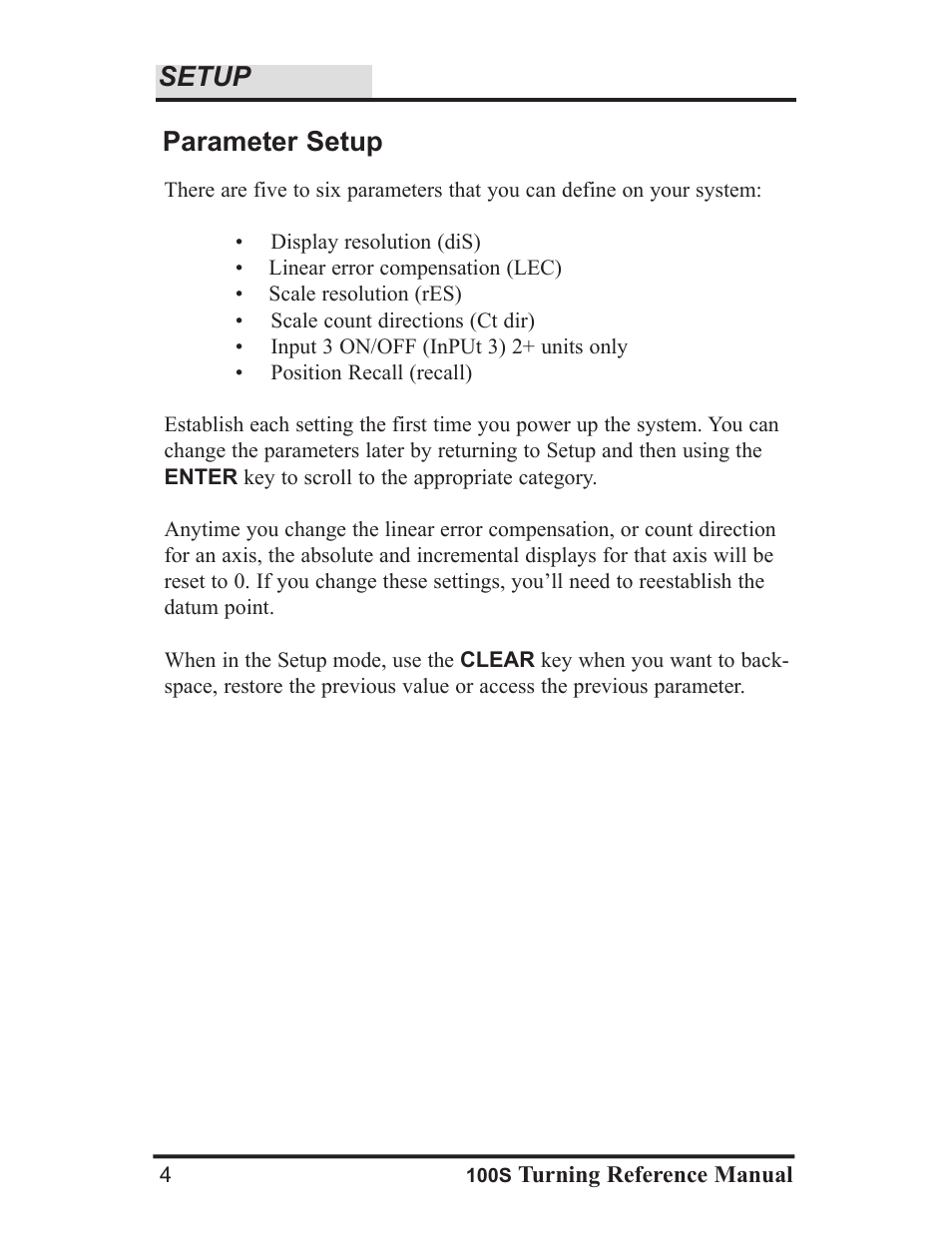 Setup, Parameter setup | ACU-RITE 100S User Manual | Page 7 / 37