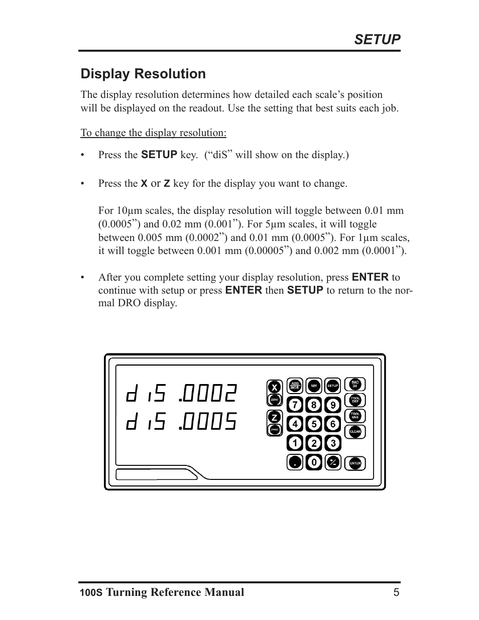 Setup, Display resolution | ACU-RITE 100S User Manual | Page 8 / 37