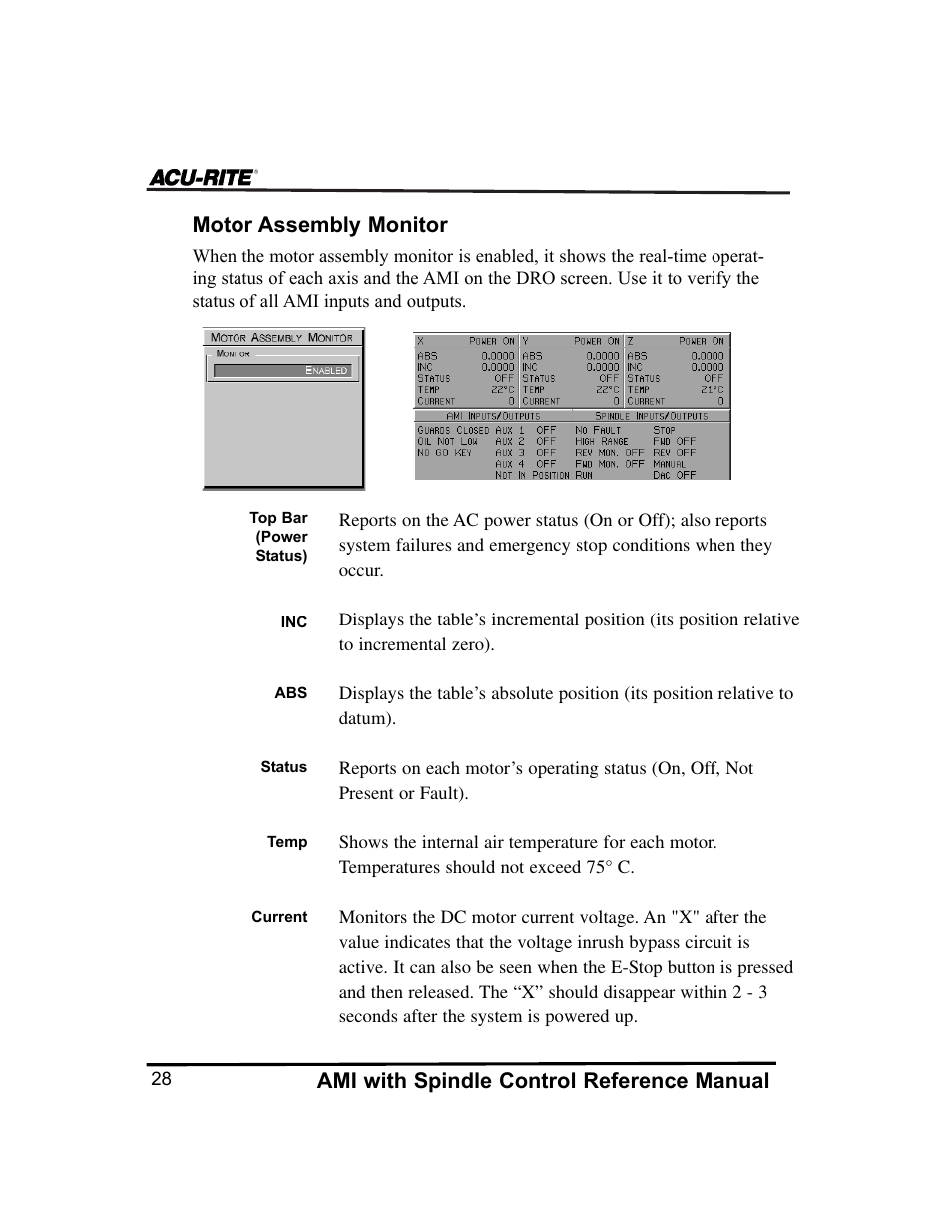 Ami with spindle control reference manual, Motor assembly monitor | ACU-RITE MILLPWR Auxiliary User Manual | Page 31 / 40