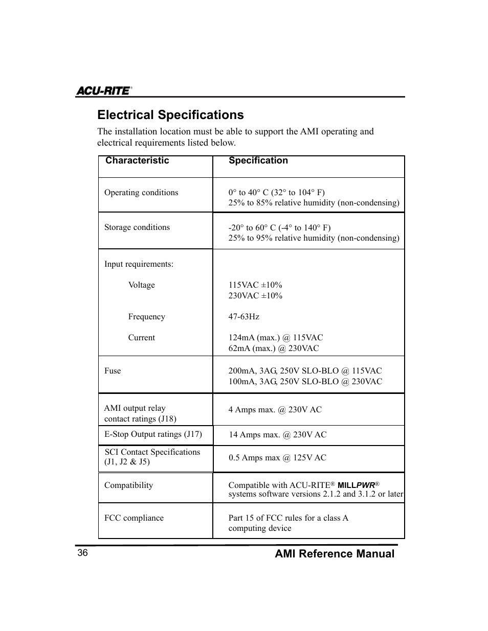 Electrical specifications, Ami reference manual | ACU-RITE MILLPWR Auxiliary User Manual | Page 39 / 40