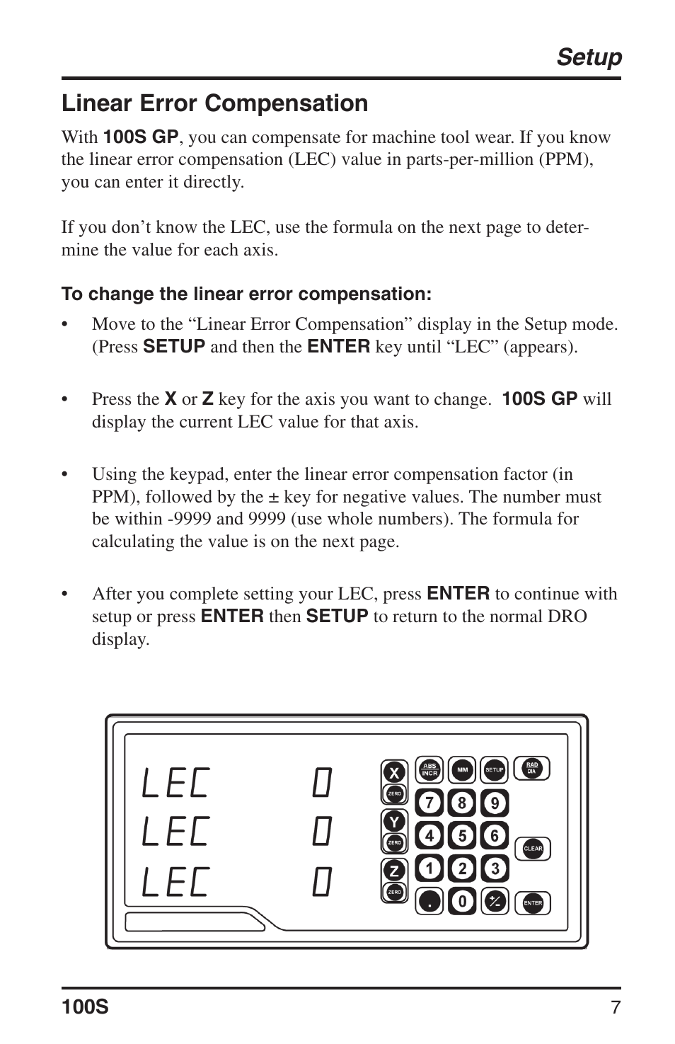 Setup, Linear error compensation | ACU-RITE 100S User Manual | Page 10 / 38