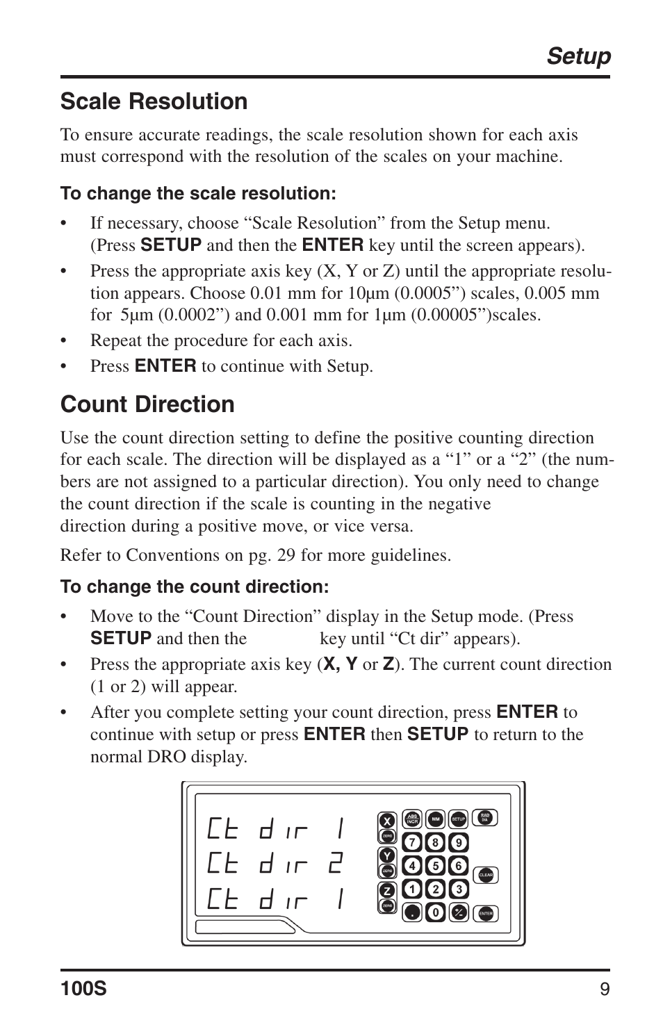 Setup, Scale resolution, Count direction | ACU-RITE 100S User Manual | Page 12 / 38