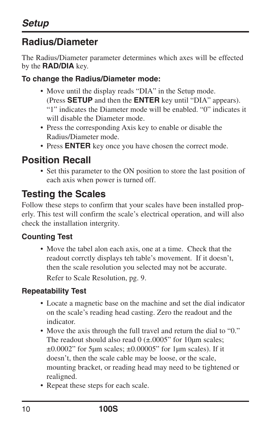 Setup, Radius/diameter, Position recall | Testing the scales | ACU-RITE 100S User Manual | Page 13 / 38