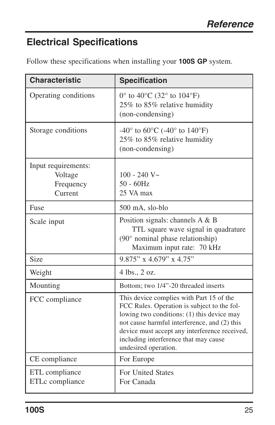 Reference, Electrical specifications | ACU-RITE 100S User Manual | Page 28 / 38