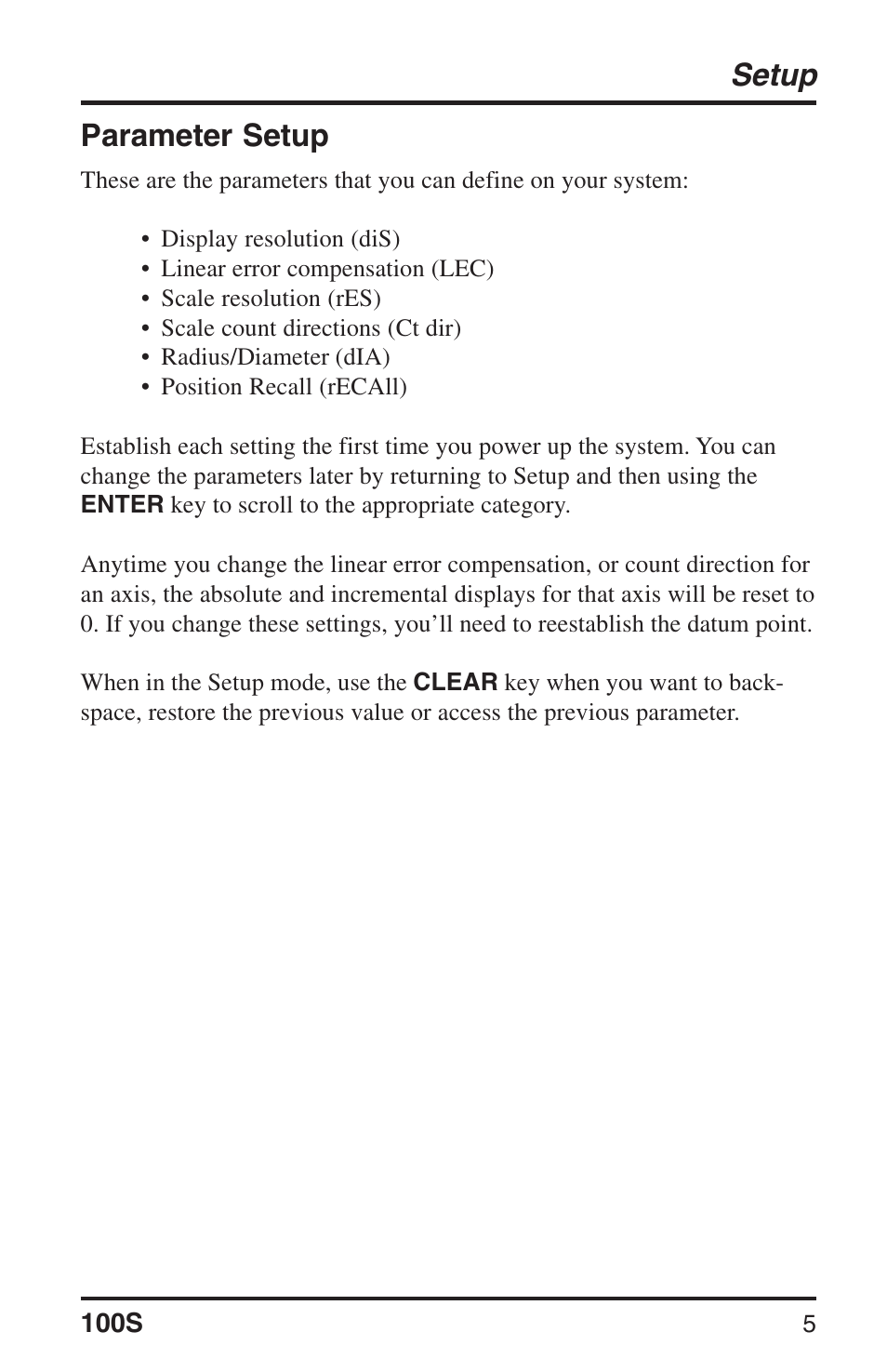 Setup, Parameter setup | ACU-RITE 100S User Manual | Page 8 / 38