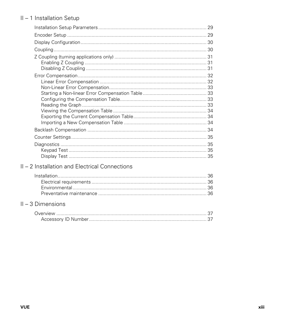 Ii – 1 installation setup, Ii – 2 installation and electrical connections, Ii – 3 dimensions | ACU-RITE VUE User Manual | Page 13 / 58