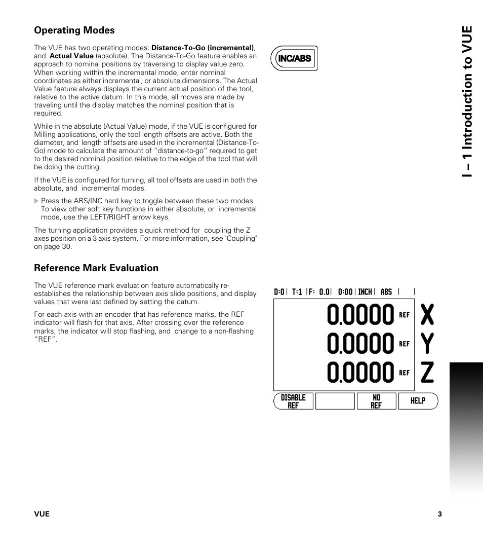 Operating modes, Reference mark evaluation, I – 1 intr oduction t o vue | ACU-RITE VUE User Manual | Page 17 / 58