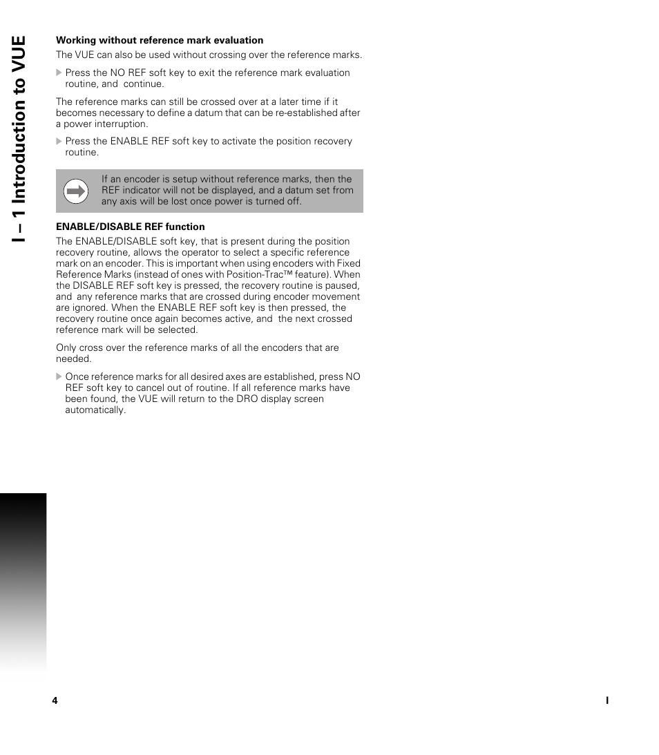 Working without reference mark evaluation, Enable/disable ref function, I – 1 intr oduction t o vue | ACU-RITE VUE User Manual | Page 18 / 58