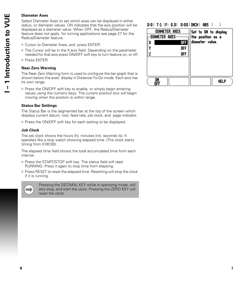 Diameter axes, Near zero warning, Status bar settings | Job clock, I – 1 intr oduction t o vue | ACU-RITE VUE User Manual | Page 20 / 58