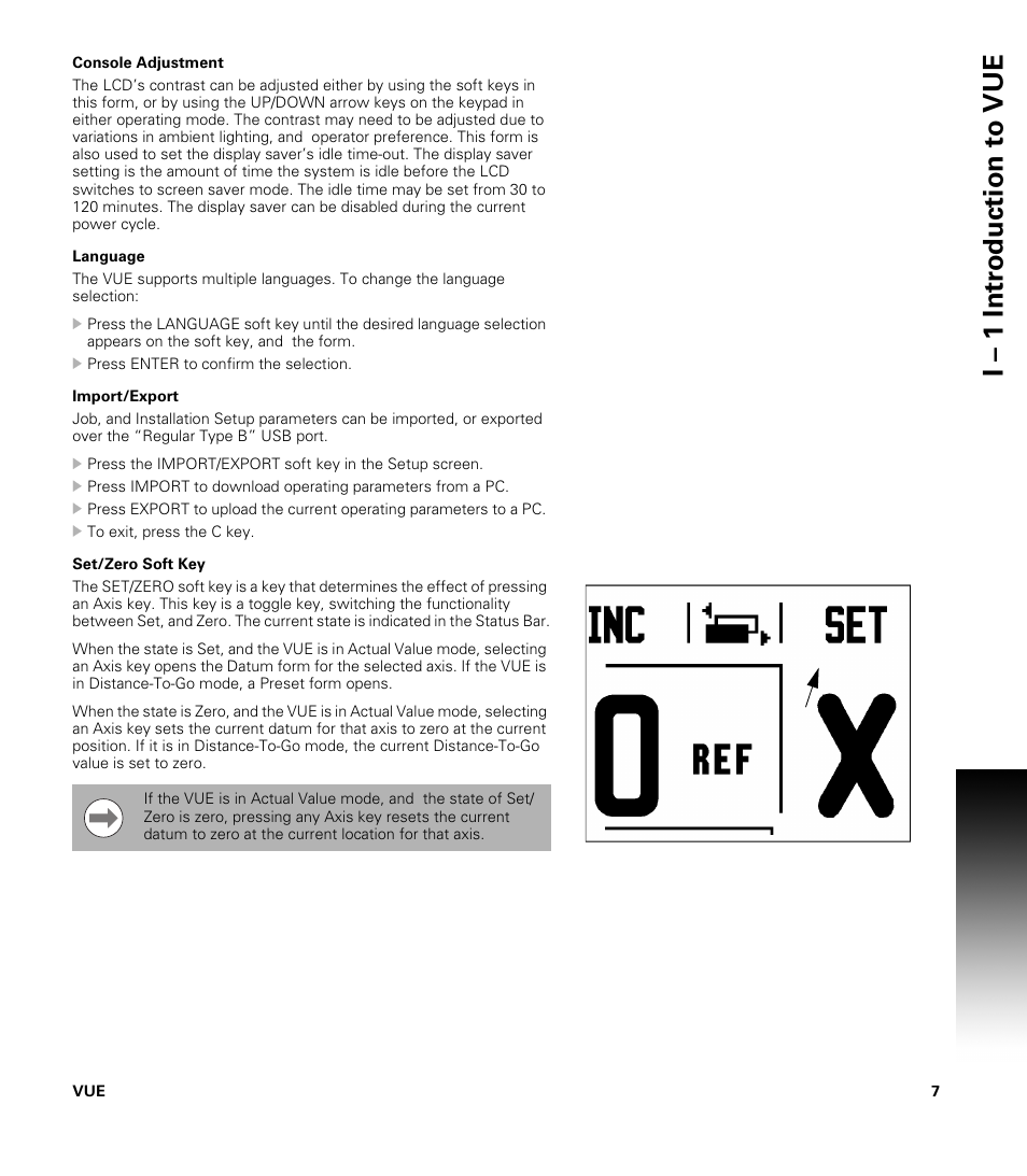 Console adjustment, Language, Import/export | Set/zero soft key, I – 1 intr oduction t o vue | ACU-RITE VUE User Manual | Page 21 / 58