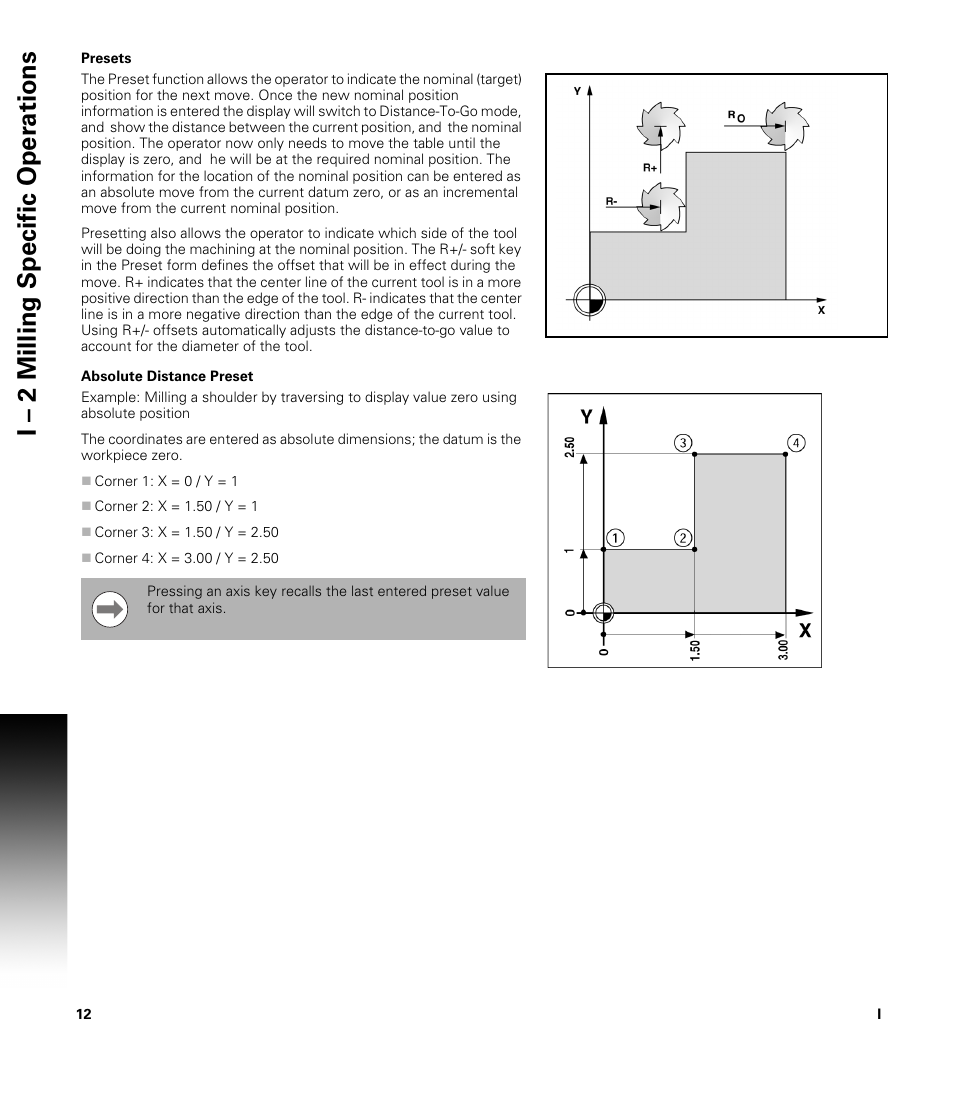 Presets, Absolute distance preset, Presets absolute distance preset | I – 2 milling specific oper ations | ACU-RITE VUE User Manual | Page 26 / 58