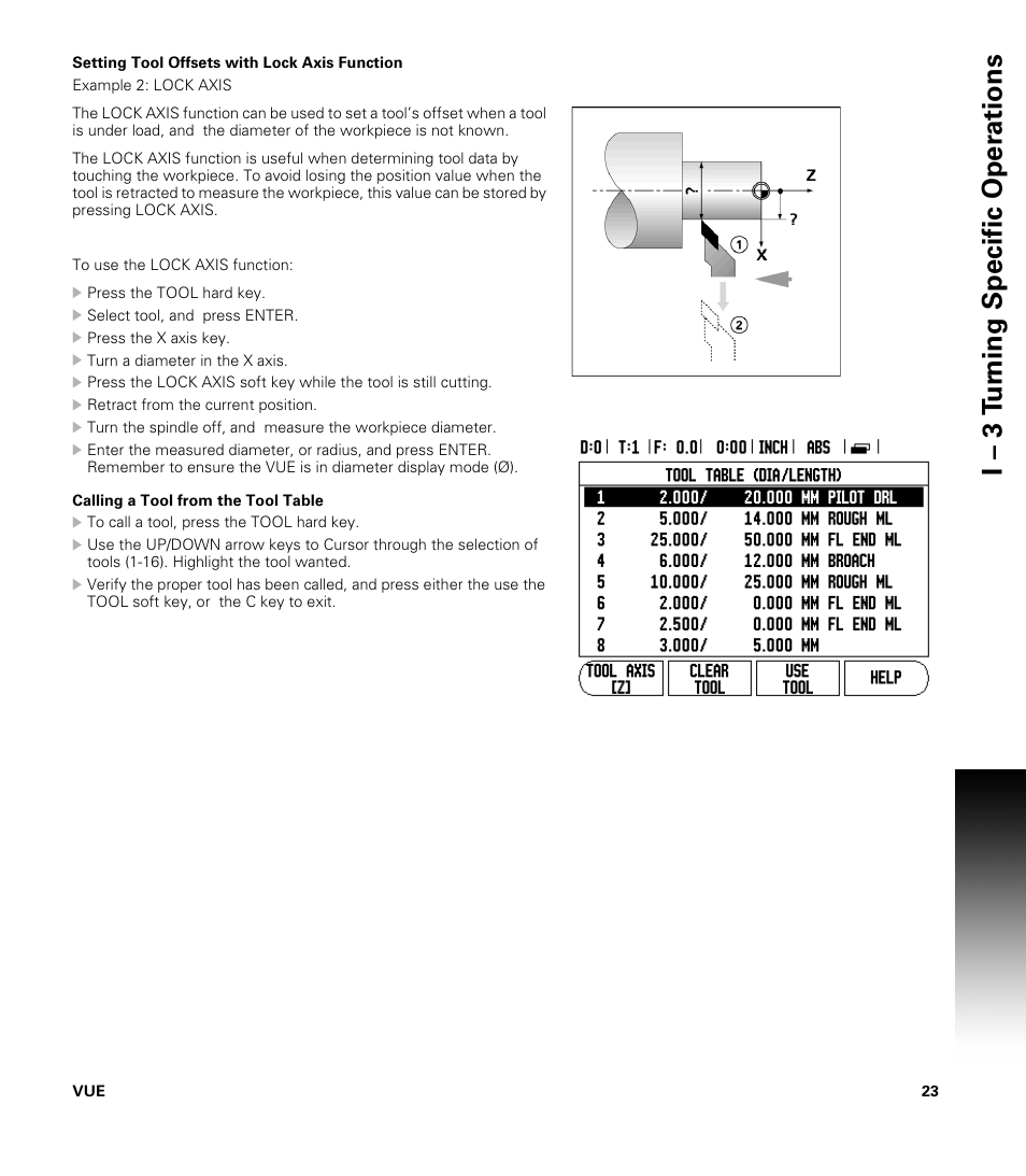 Setting tool offsets with lock axis function, Calling a tool from the tool table, I – 3 t u rn ing specific oper ations | ACU-RITE VUE User Manual | Page 37 / 58