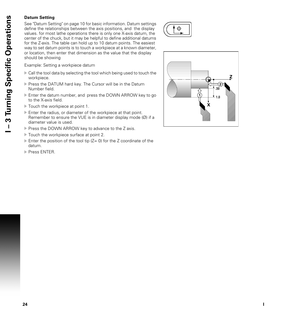 Datum setting, I – 3 t u rn ing specific oper ations | ACU-RITE VUE User Manual | Page 38 / 58