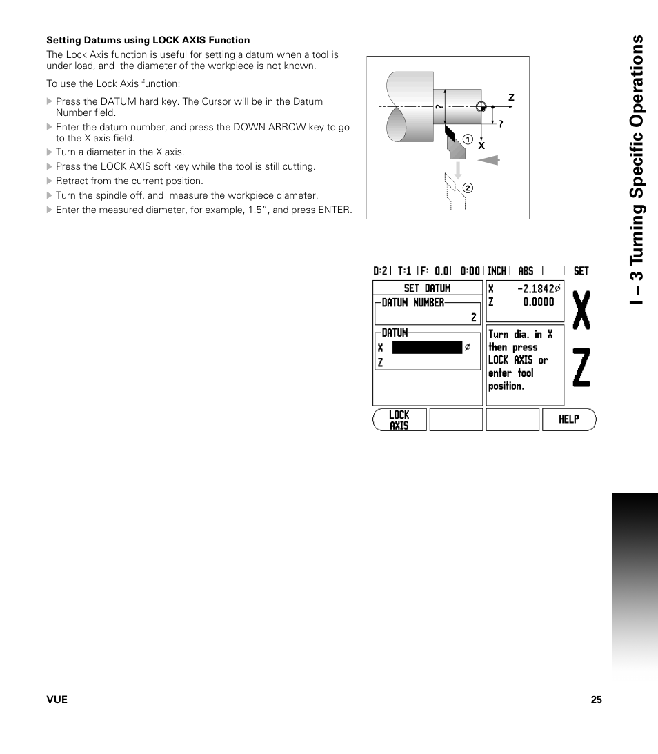 Setting datums using lock axis function, I – 3 t u rn ing specific oper ations | ACU-RITE VUE User Manual | Page 39 / 58