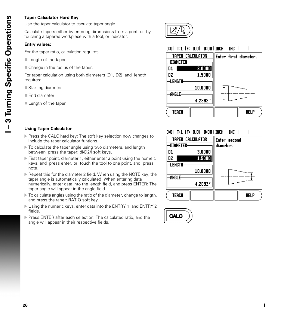 Taper calculator hard key, I – 3 t u rn ing specific oper ations | ACU-RITE VUE User Manual | Page 40 / 58