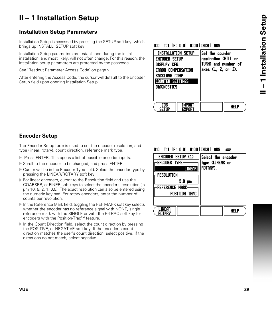 Ii – 1 installation setup, Installation setup parameters, Encoder setup | ACU-RITE VUE User Manual | Page 43 / 58