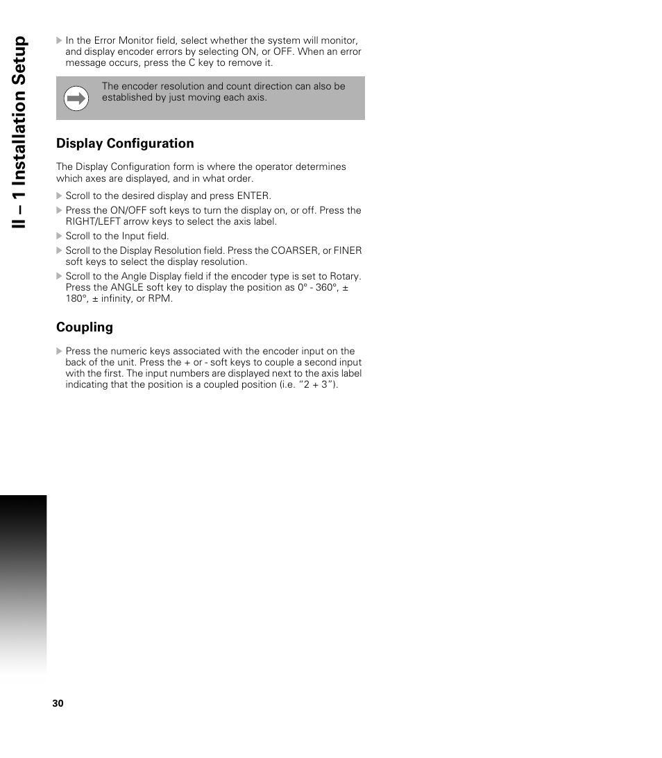 Display configuration, Coupling, Ii – 1 installation set u p | ACU-RITE VUE User Manual | Page 44 / 58