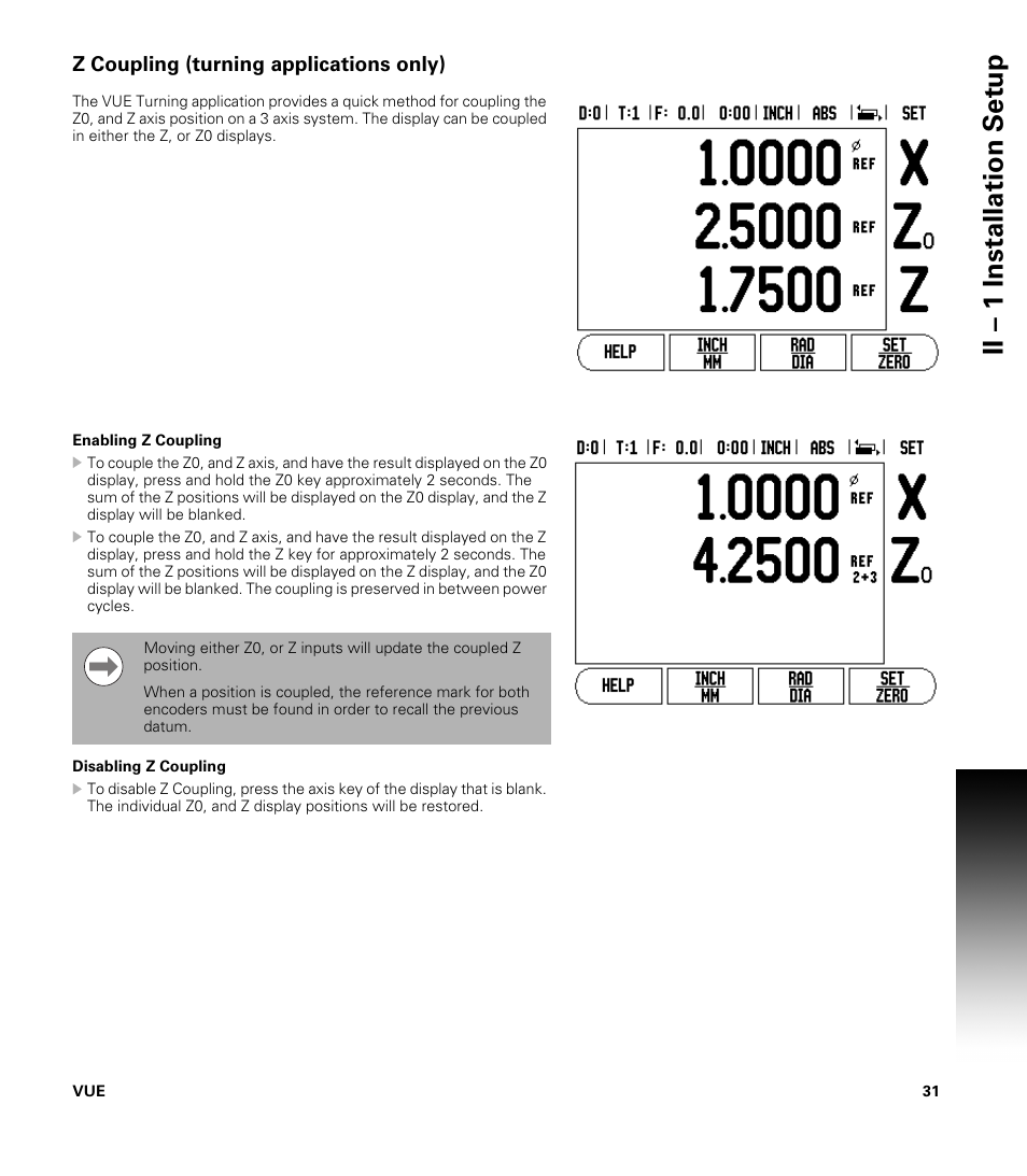 Z coupling (turning applications only), Enabling z coupling, Disabling z coupling | Enabling z coupling disabling z coupling, Ii – 1 installation set u p | ACU-RITE VUE User Manual | Page 45 / 58