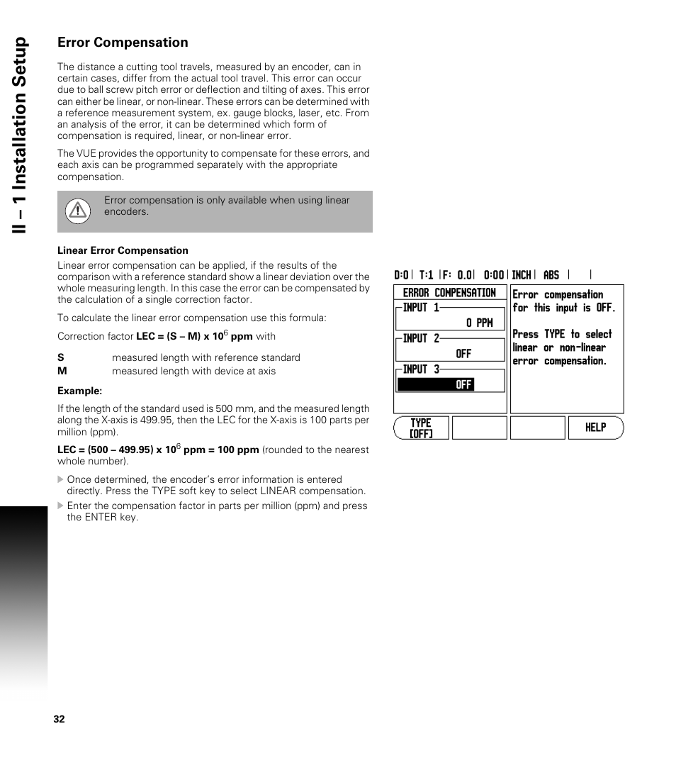 Error compensation, Linear error compensation, Ii – 1 installation set u p | ACU-RITE VUE User Manual | Page 46 / 58