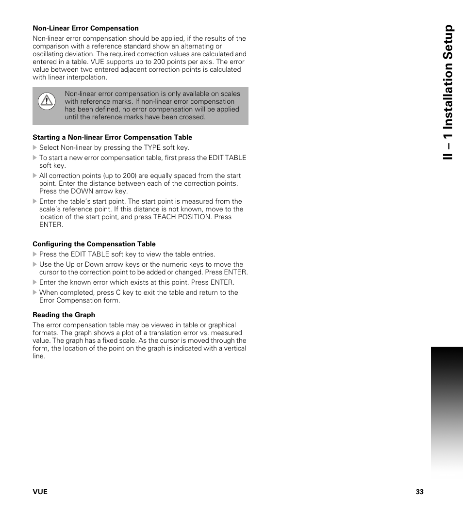 Non-linear error compensation, Starting a non-linear error compensation table, Configuring the compensation table | Reading the graph, Ii – 1 installation set u p | ACU-RITE VUE User Manual | Page 47 / 58