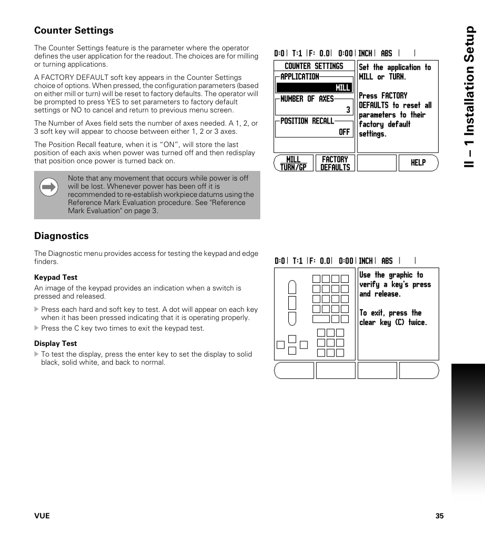 Counter settings, Diagnostics, Keypad test | Display test, Keypad test display test, Ii – 1 installation set u p | ACU-RITE VUE User Manual | Page 49 / 58