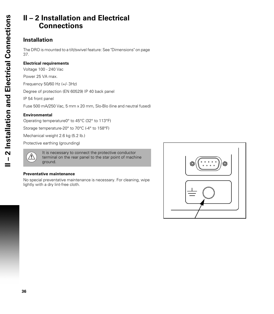 Ii – 2 installation and electrical connections, Installation, Electrical requirements | Environmental, Preventative maintenance | ACU-RITE VUE User Manual | Page 50 / 58