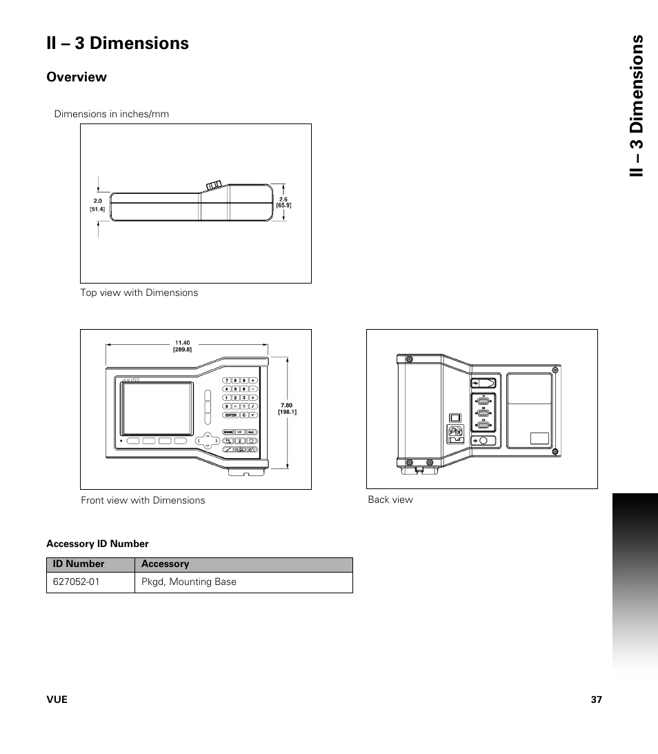 Ii – 3 dimensions, Overview, Accessory id number | ACU-RITE VUE User Manual | Page 51 / 58