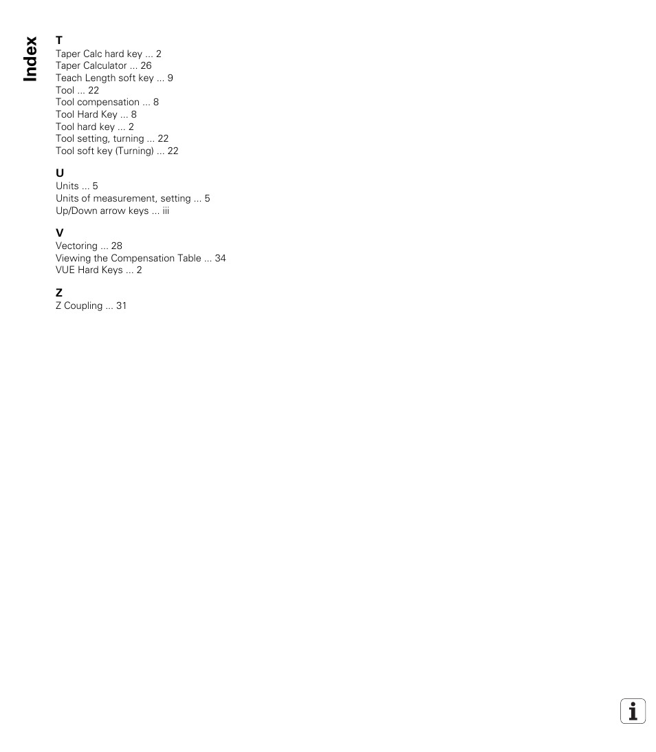 Index | ACU-RITE VUE User Manual | Page 56 / 58