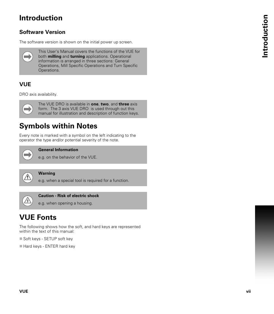 Introduction, Software version, Symbols within notes | Vue fonts, Intr oduction introduction | ACU-RITE VUE User Manual | Page 7 / 58