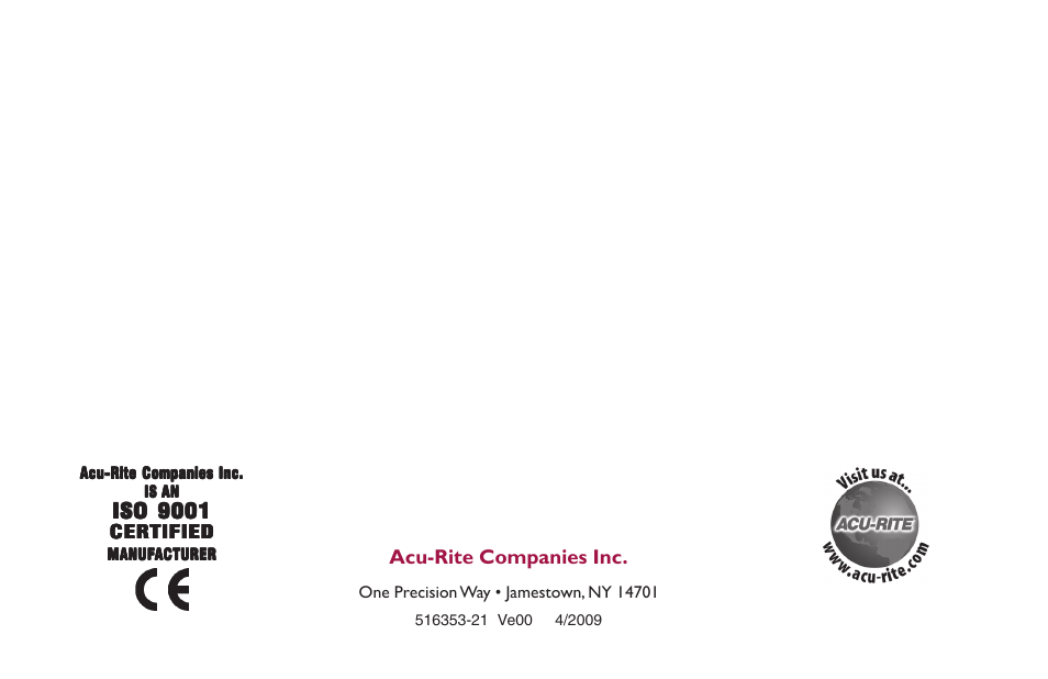 Iso 9001, Acu-rite companies inc | ACU-RITE SENC 50 User Manual | Page 20 / 20