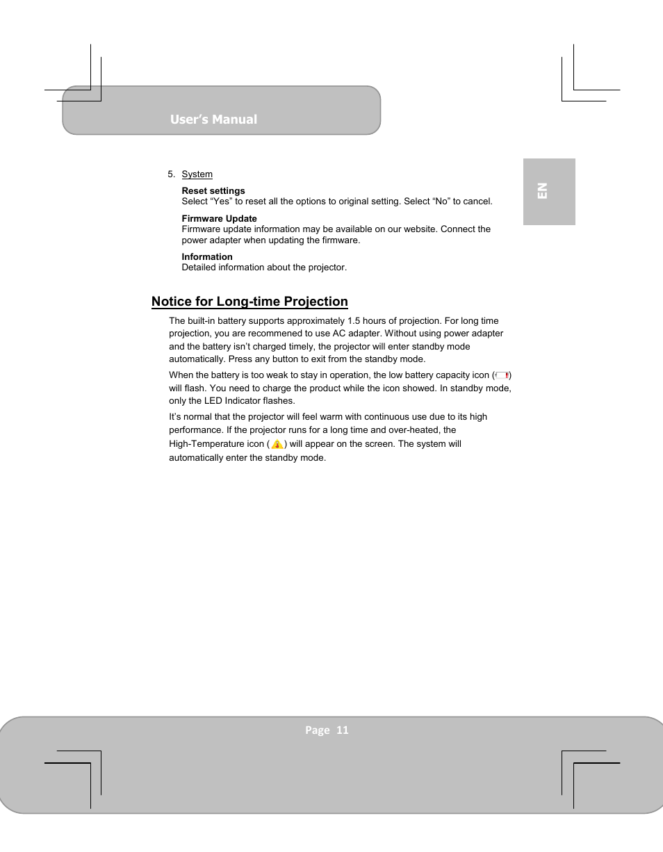 Notice for long-time projection | AIPTEK PocketCinema V100 User Manual | Page 11 / 116