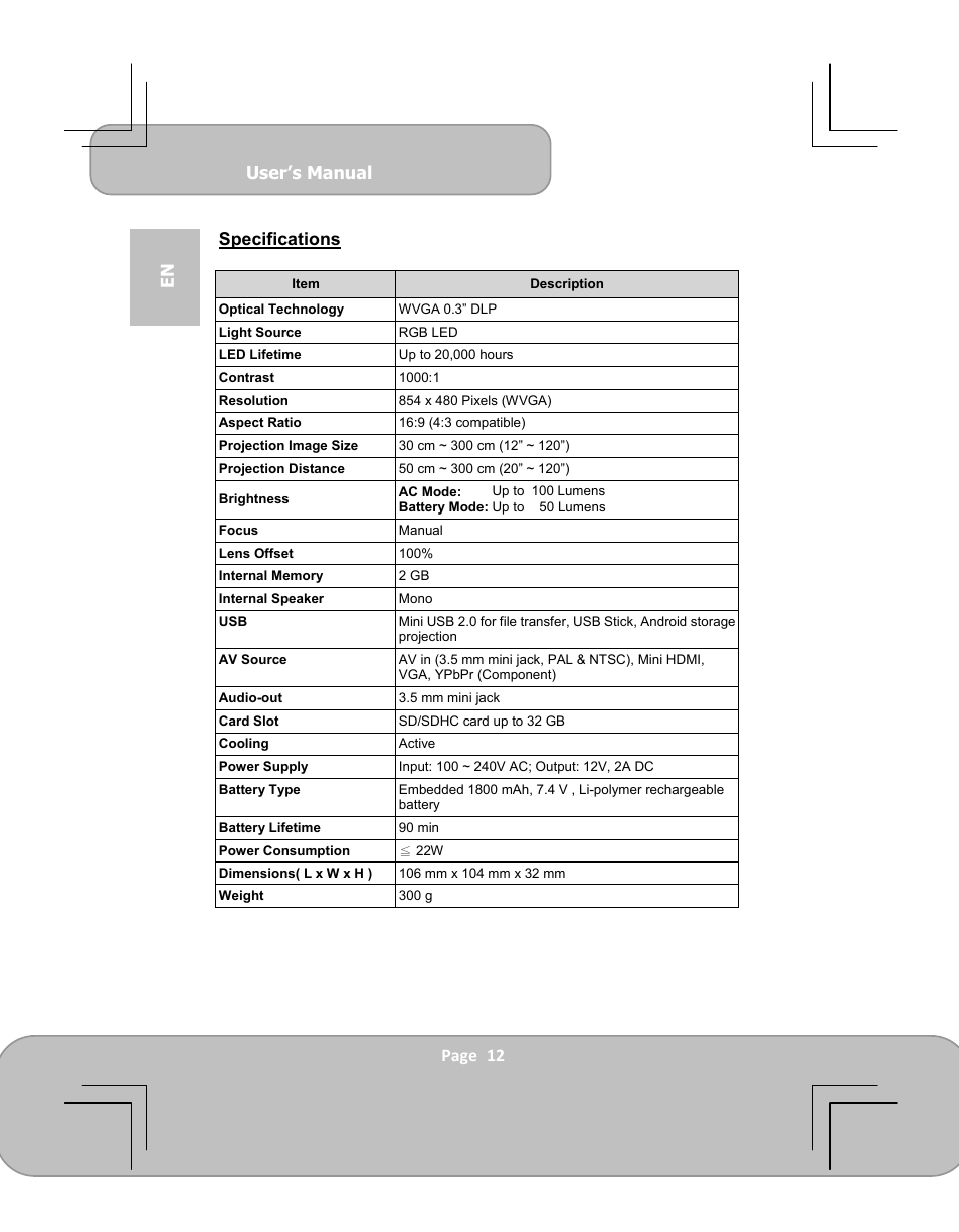 User’s manual, Page 12 en specifications | AIPTEK PocketCinema V100 User Manual | Page 12 / 116